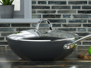 Hard Anodized Nonstick Wok Pan with Glass Lid, Flat Bottom Deep Frying Stir Fry Skillet for Modern Kitchen Cooking