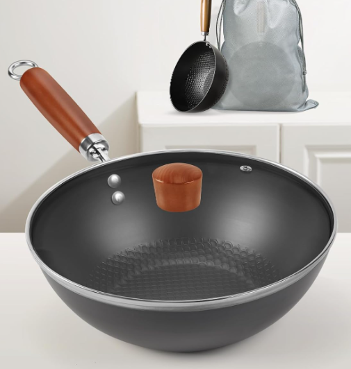 Mini Carbon Steel Wok Pan, Lightweight Flat Bottom Stir Fry Skillet for Single or Two-Person Meals