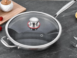 Tri-Ply Stainless Steel Wok Pan with Ceramic Nonstick Coating, Lid and Long Handle, Induction Compatible Cookware